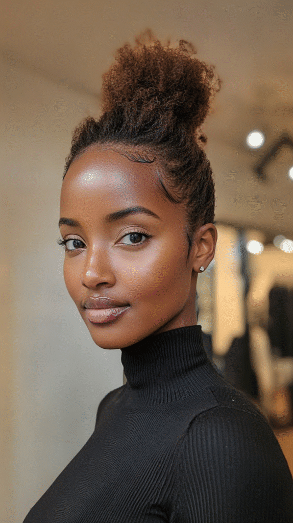 Woman with a centered part and smooth bun for a balanced, sleek style.