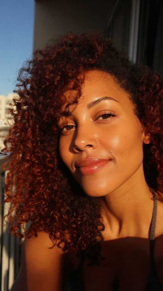 Natural curls with cherry red balayage highlights on a sunny balcony.