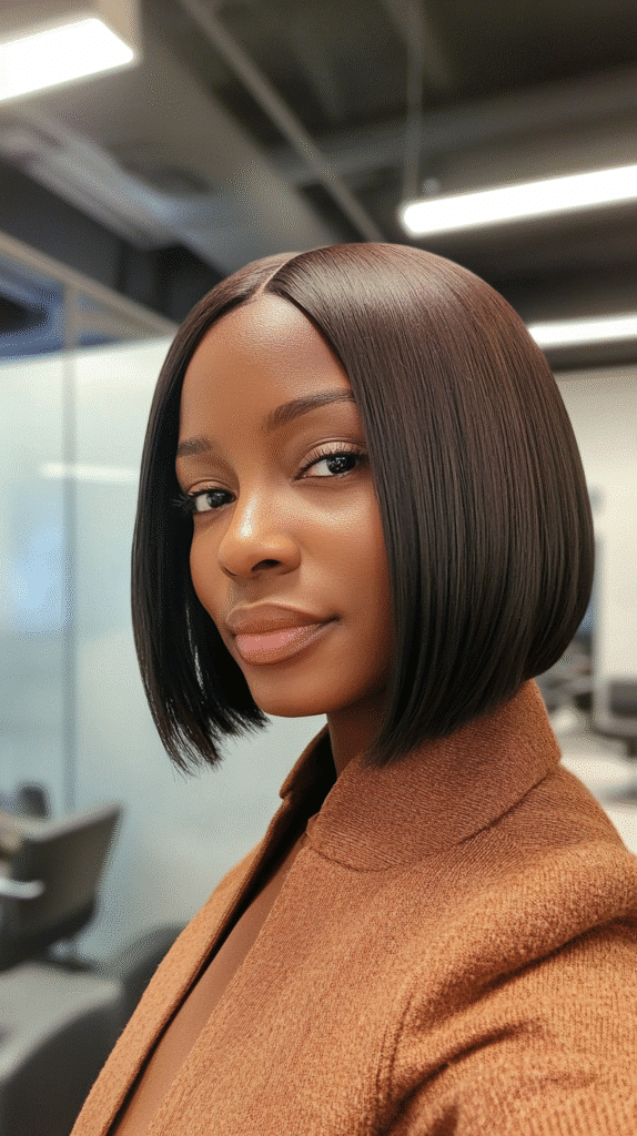 Chin-length inverted bob with stacked back and sleek front.