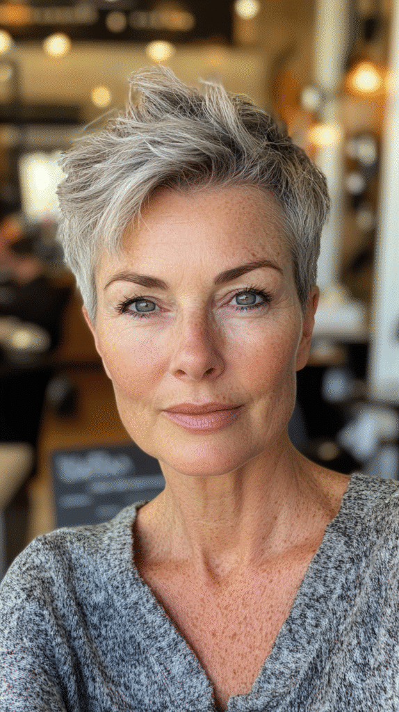Long layered hairstyle with face-framing pieces in salt and pepper hues.