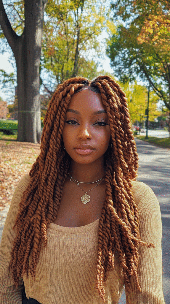 Cinnamon Marley twists hanging loosely with a tree-lined street background.