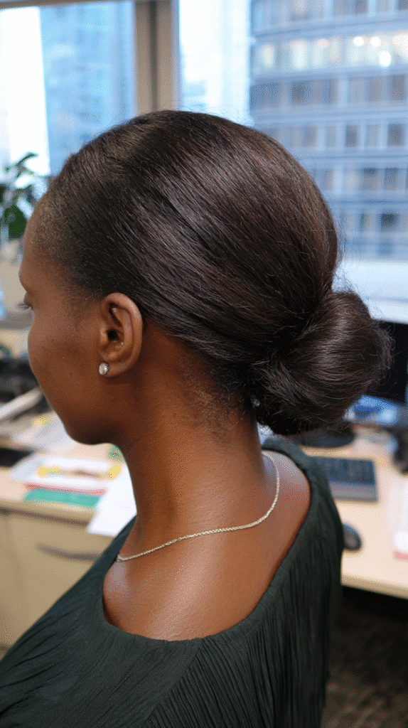 Woman wearing a classic low slick bun with a polished, professional look.
