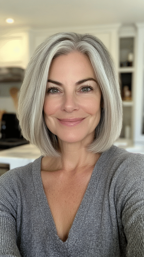 Woman with a classic bob haircut featuring a natural salt and pepper hair color blend.