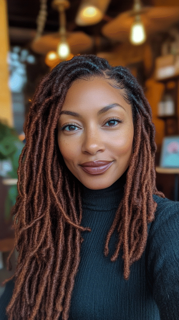 Tight natural coils colored in warm copper tones with a cozy café background.