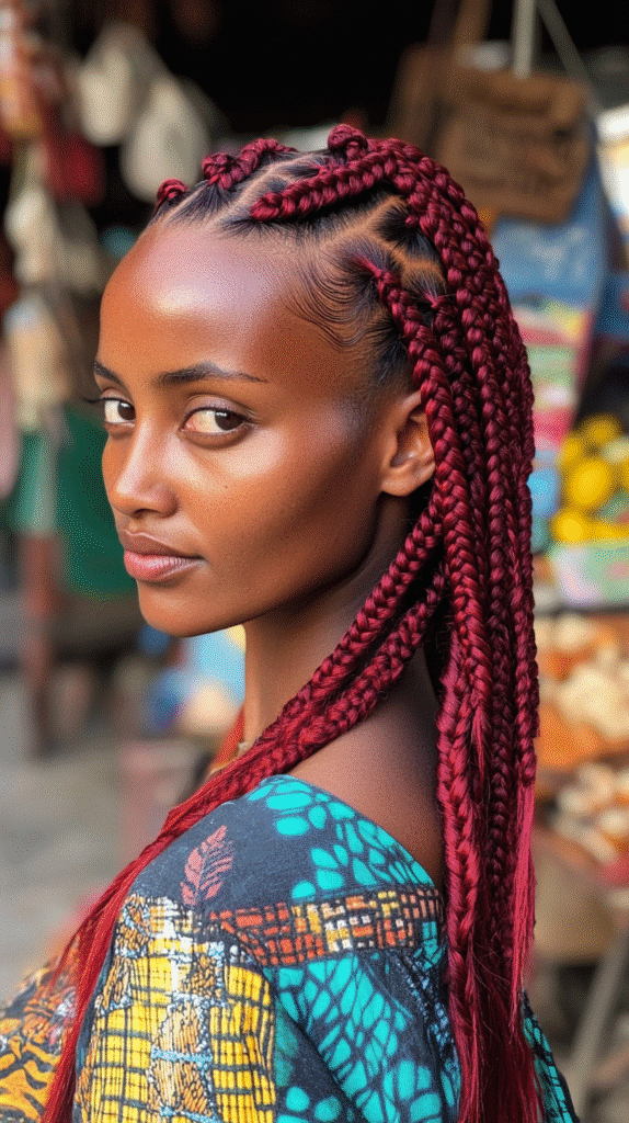 Intricate crimson cornrows with detailed patterns and a blurred food market background.