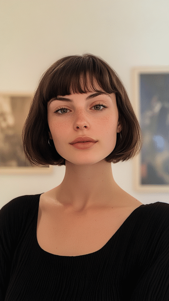 Cropped haircut with micro bangs for an edgy vibe.