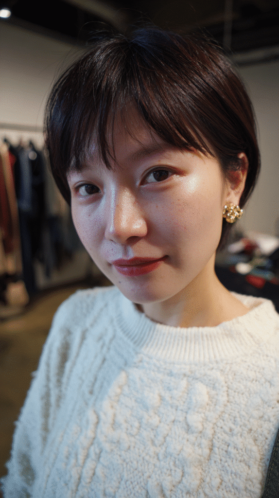 A 29-year-old woman with a cropped shag and wispy fringe, in a fashion designer’s studio.