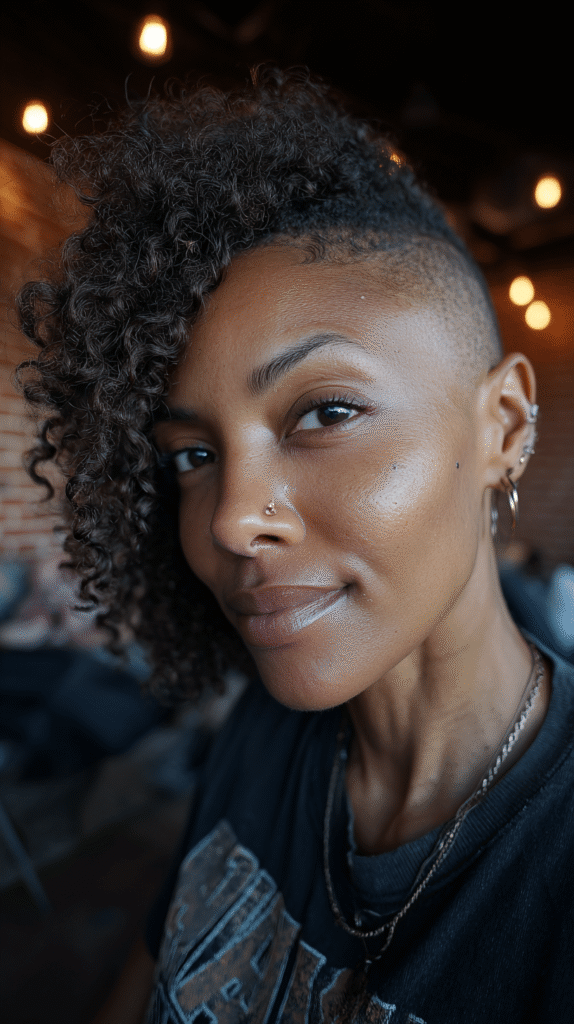 Crown-heavy curly hairstyle paired with a shaved undercut