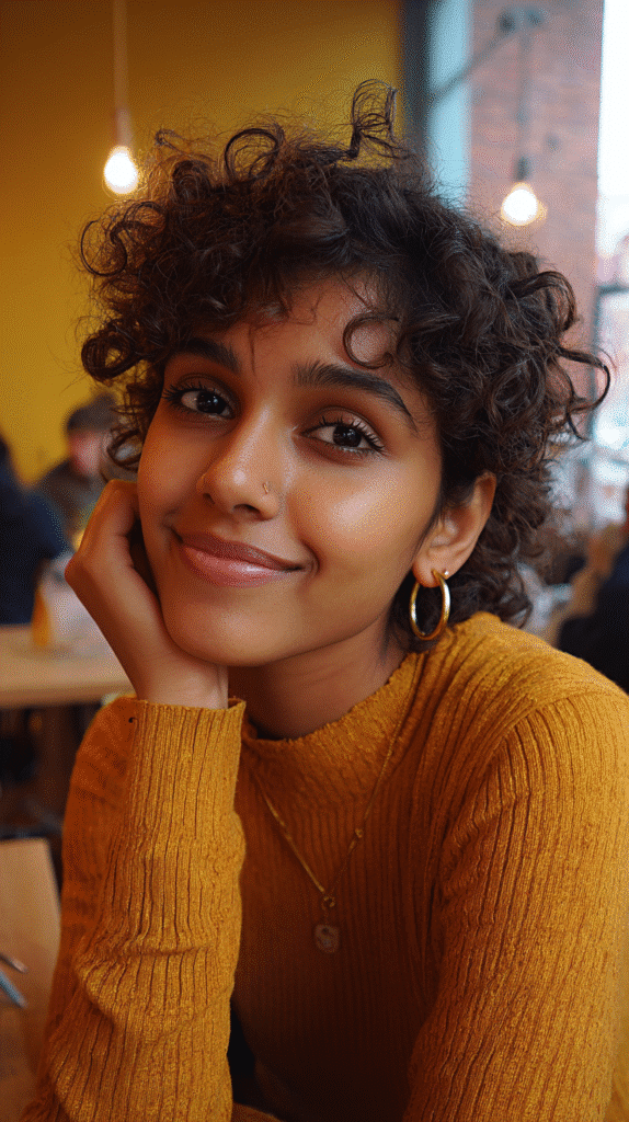 Curly crop featuring defined, natural curls and short length.