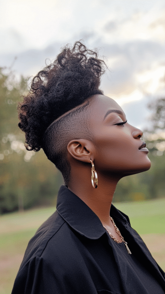 A 31-year-old woman with a curly mohawk and faded sides, outdoors in a park with focus on the voluminous curls.