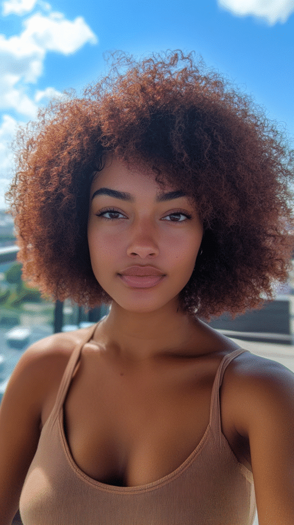 Full, deep cherry curly weave styled with high volume at a rooftop lounge.