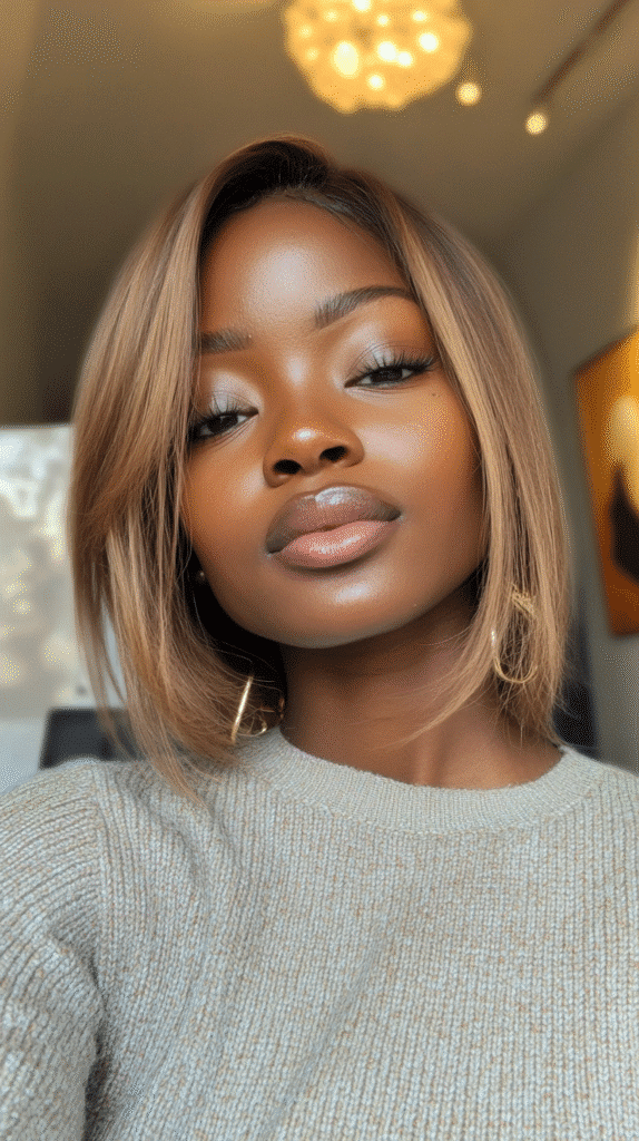 West African woman wearing a dirty blonde long bob with a side part for a subtle, refined finish.