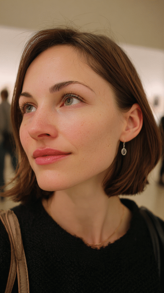 Ear-length blunt cut with sharp, even edges.