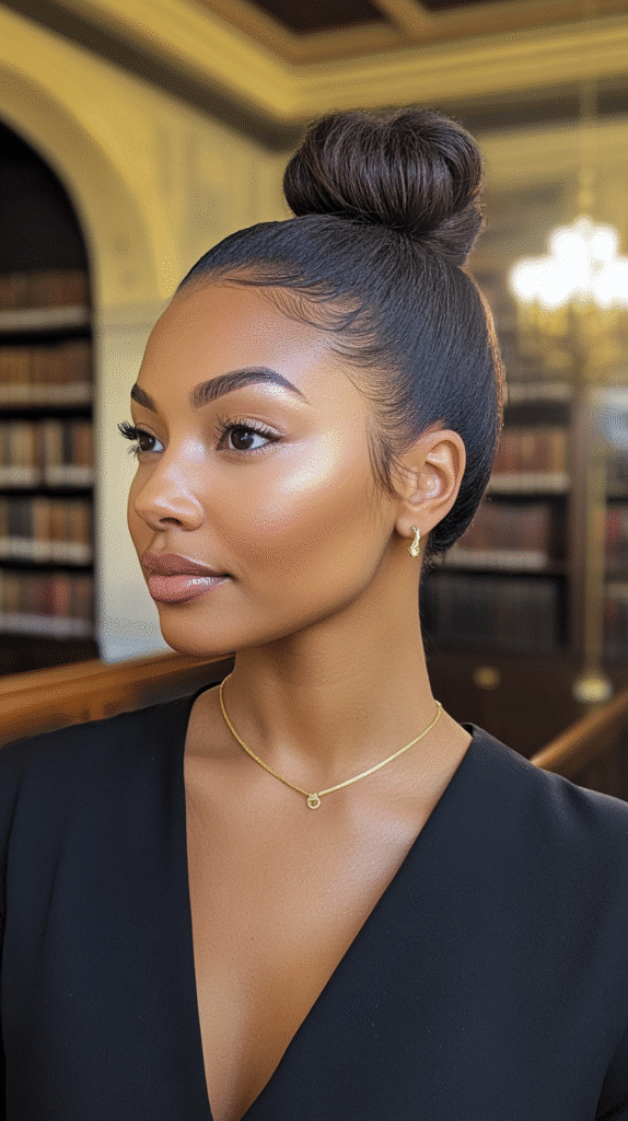 Woman with vintage-style rolled baby hairs and a polished slick bun.