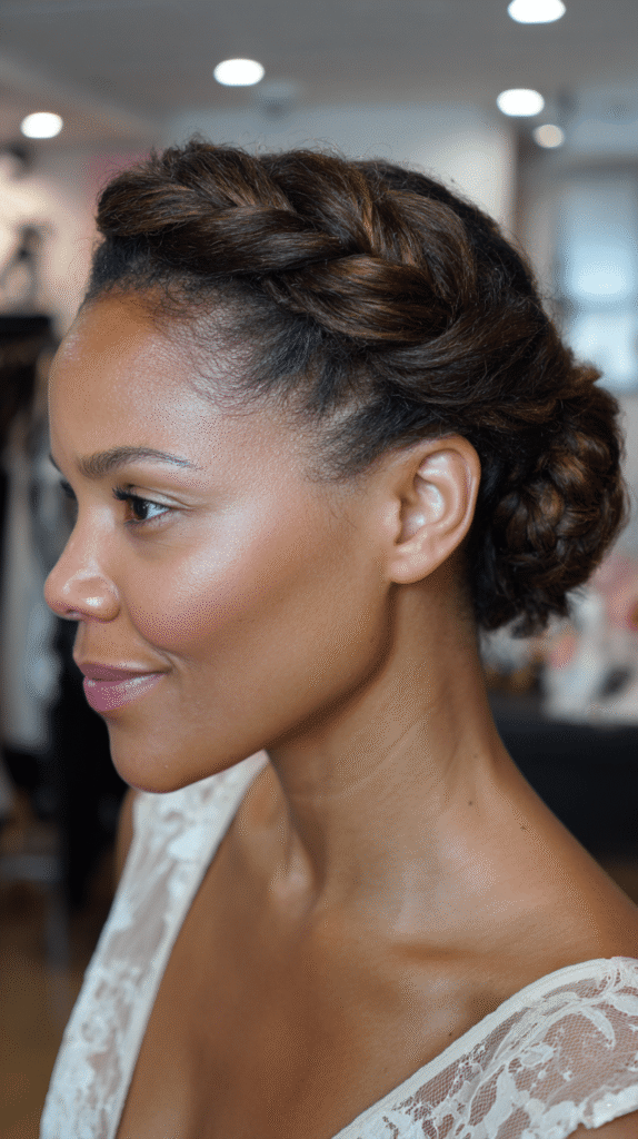 Woman with crown-like flat twists ending in a neat low bun.