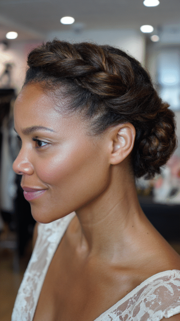 Woman with crown-like flat twists ending in a neat low bun.