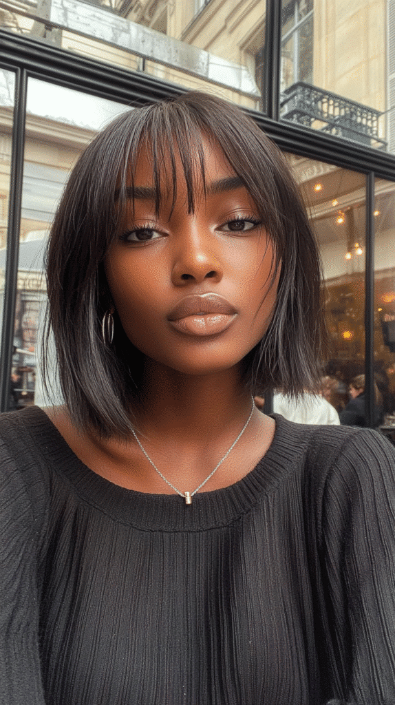 French girl bob with eyebrow-grazing bangs and inward-turned ends.
