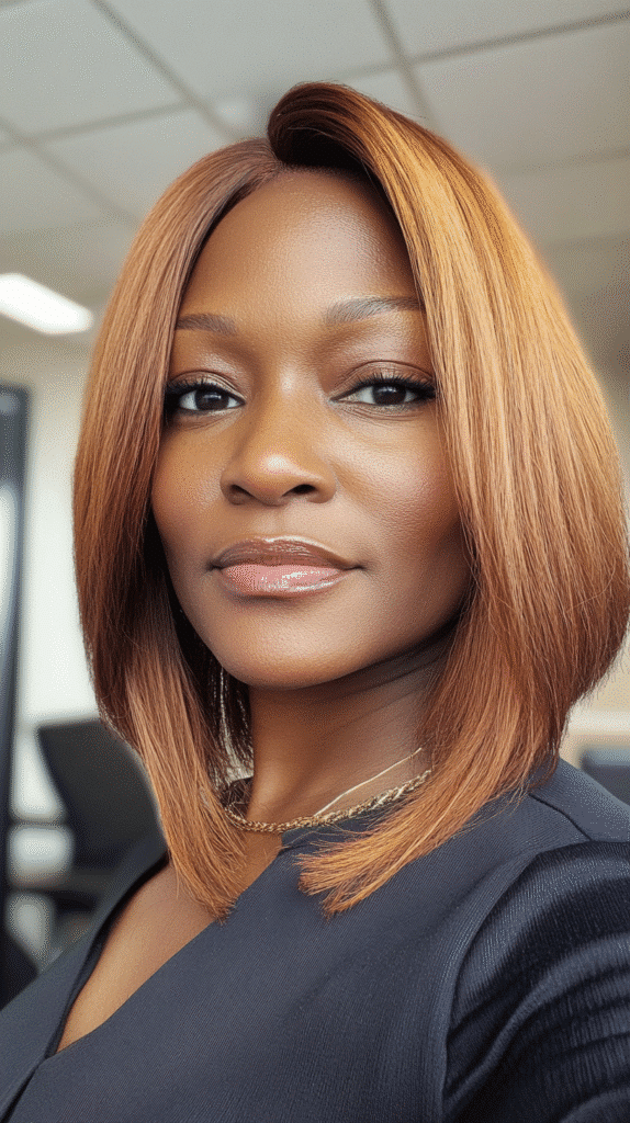 Sleek ginger bob wig with sharp edges in a professional indoor setting.