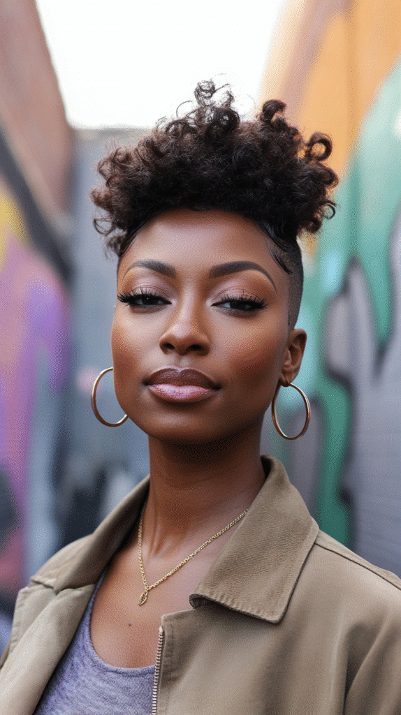 A 34-year-old woman with a geometric fade and defined top curls, shown in a mural-painted alleyway.