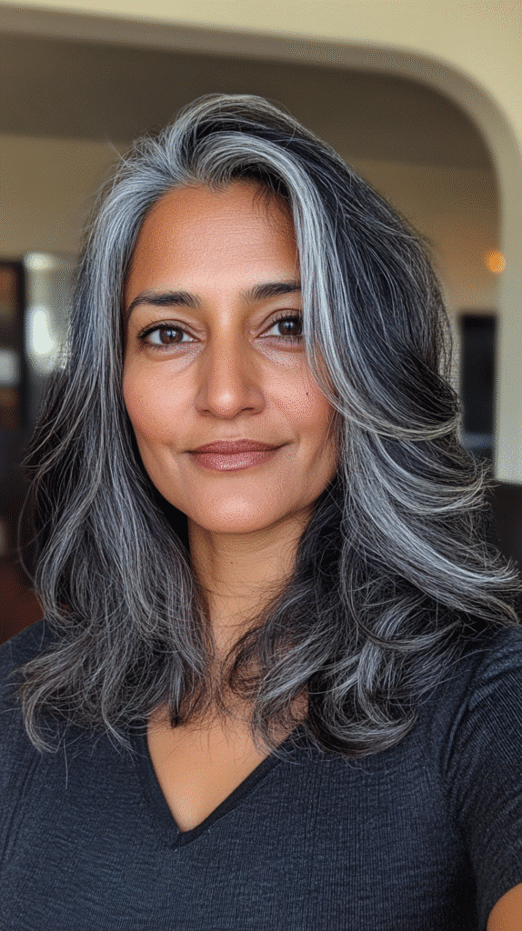 Voluminous blowout showcasing darker pepper tones with silver strands.