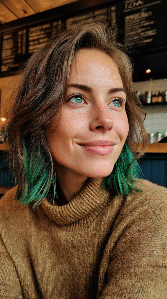 A 26-year-old woman with a chin-length bob and emerald green dip-dyed ends, inside a trendy coffee shop.