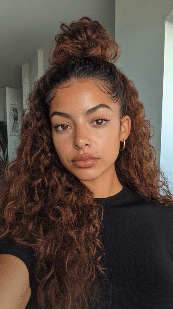 Half-up curly ponytail with volume and loose curls around the face
