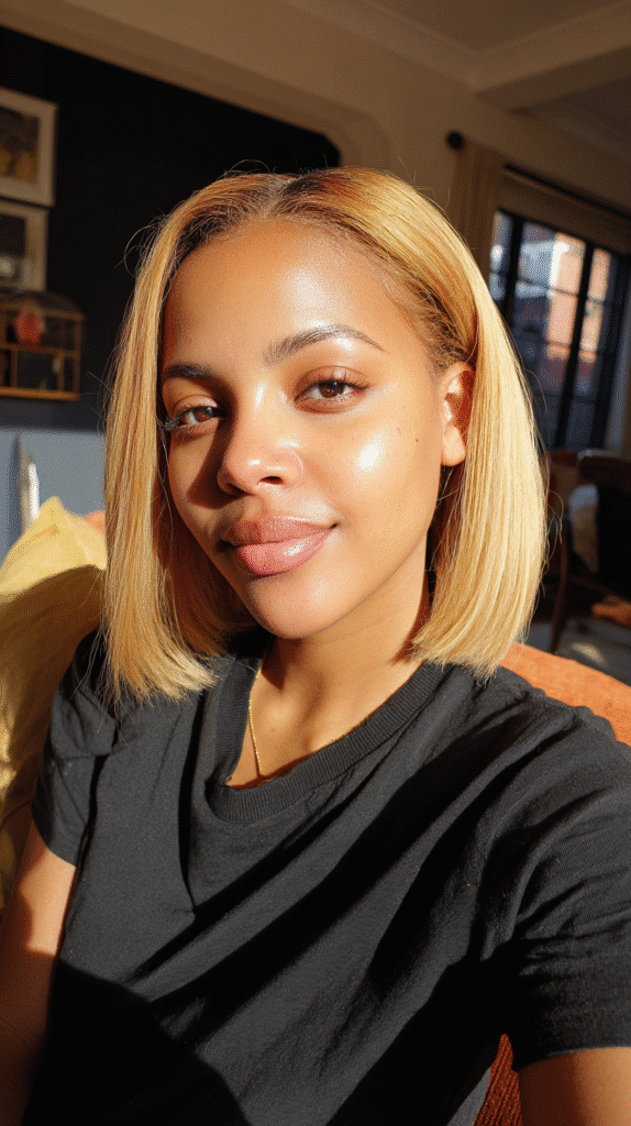 Black woman with a chin-length honey blonde bob parted in the center, exuding elegance and warmth.