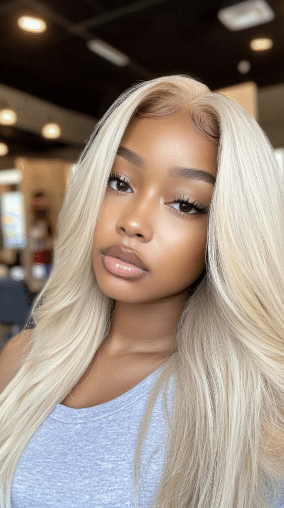 African-American woman in an icy blonde lace front wig featuring styled baby hairs and a defined hairline.