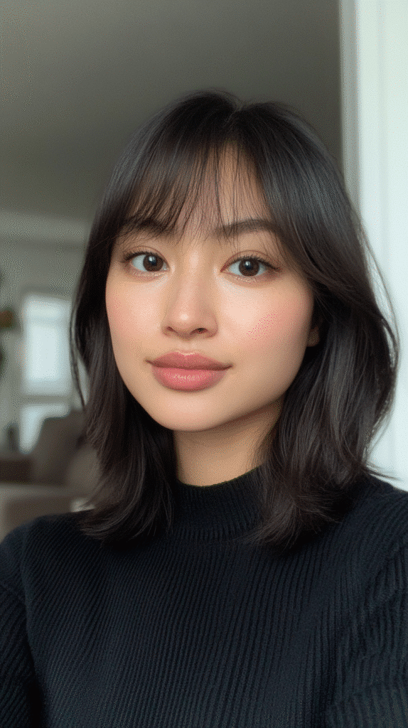 Jaw-length haircut with curtain bangs framing the face.