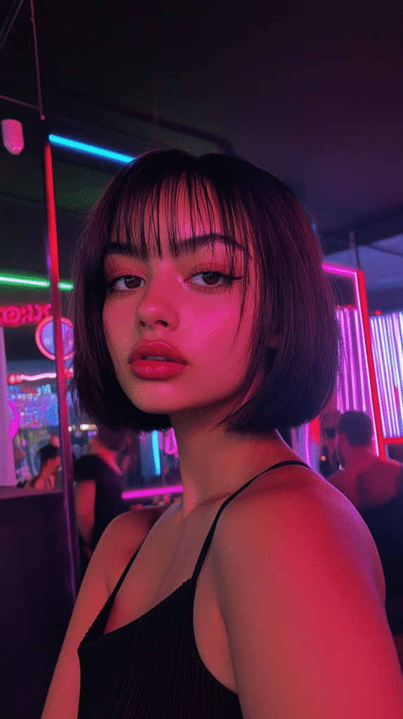 A 22-year-old woman with a jet black choppy bowl cut, photographed in an underground club.