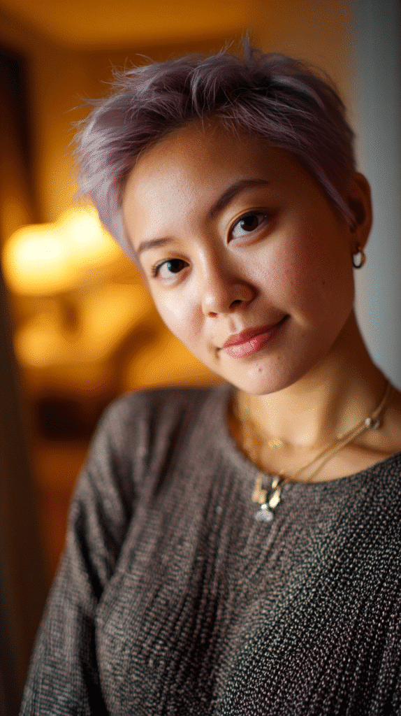 A 27-year-old woman with a lavender-hued textured pixie, inside a boutique hotel room, with the hairstyle as the main subject.
