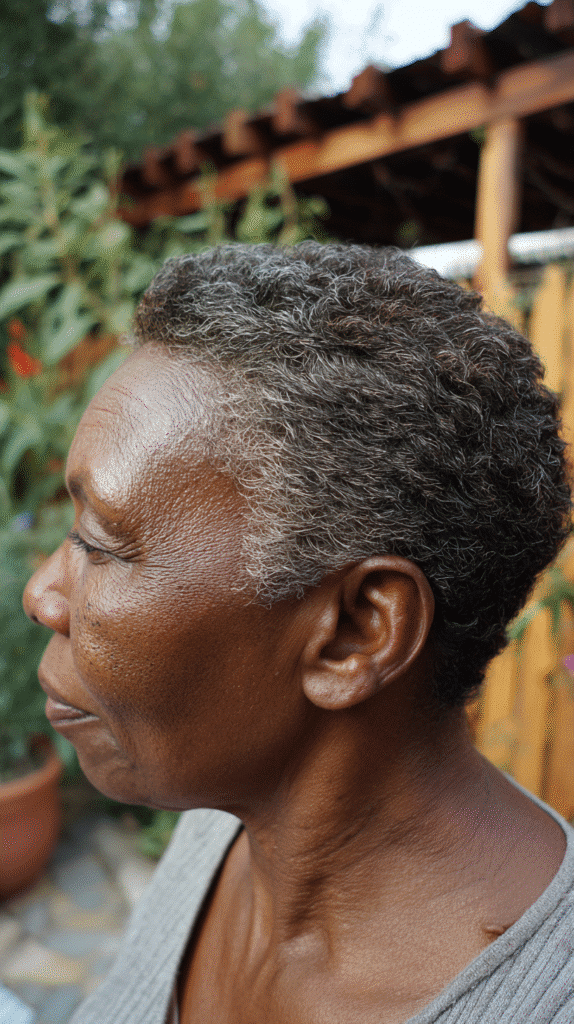 Woman with a short layered pixie cut enhanced by silver highlights.