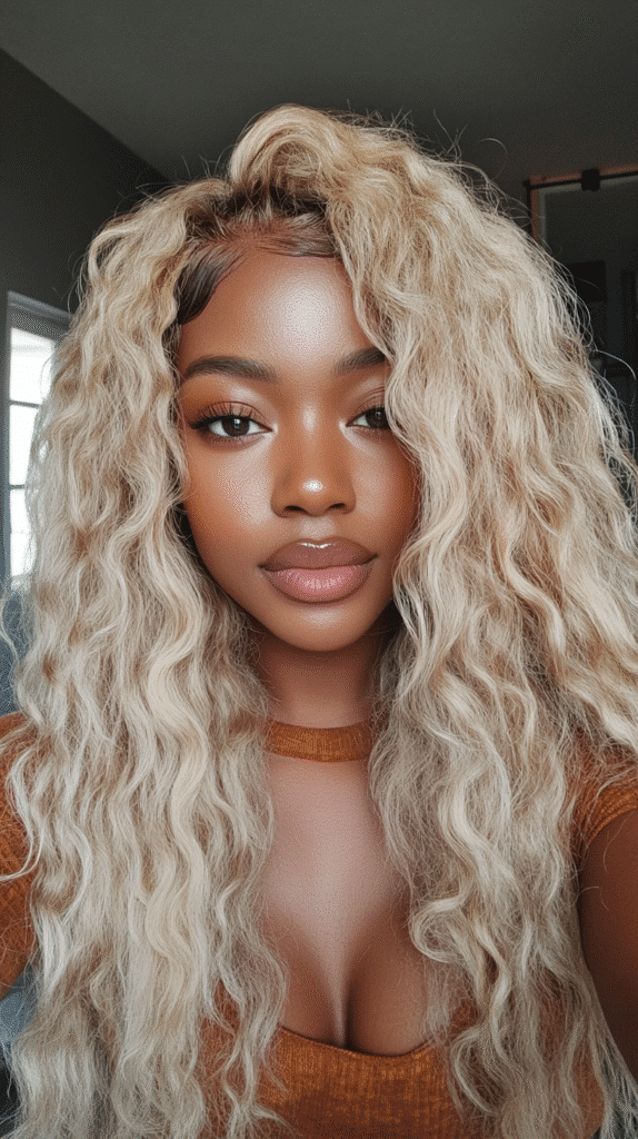 Afro-Brazilian woman wearing a long blonde wig styled with crimped waves for a nostalgic edge.

