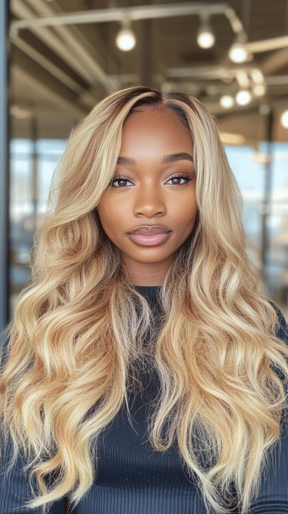 Black woman with a long blonde wig featuring lightened highlights around the face for brightness and contrast.