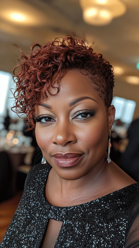 Glossy mahogany finger waves styled close to the scalp in a formal venue.