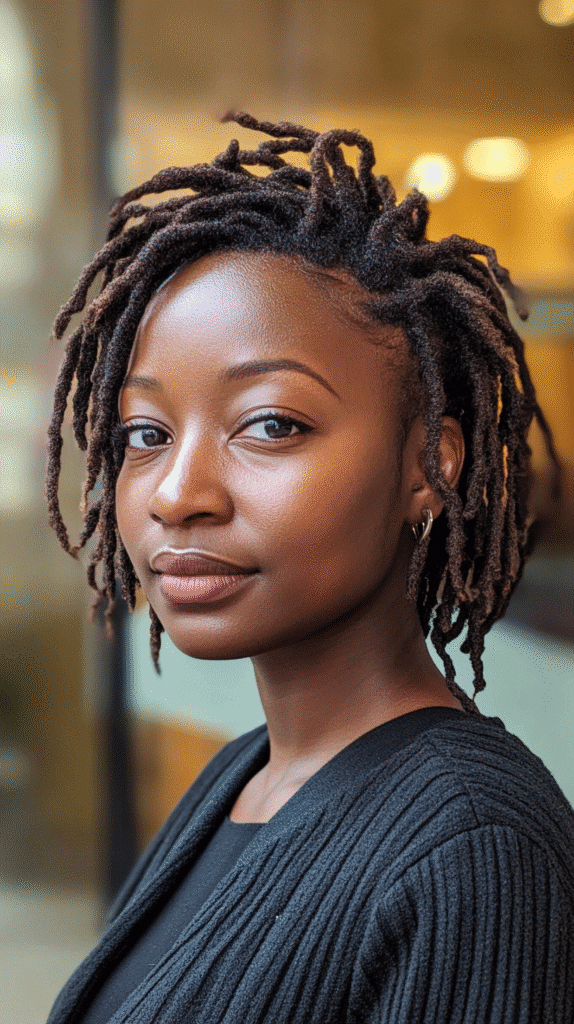 A 33-year-old woman with a pixie cut styled into mini dreadlocks, captured in a cultural museum.