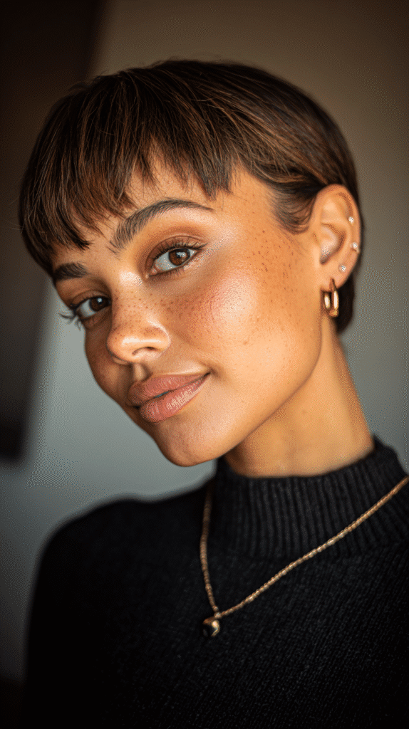Modern bowl cut with soft volume and clean shape.