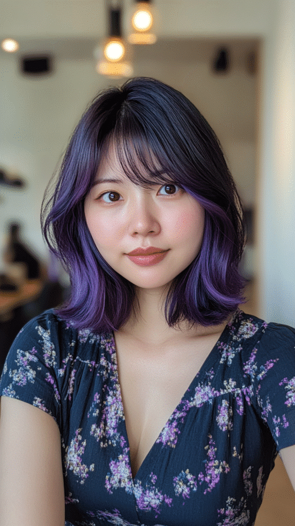 A 30-year-old woman with a multi-layered bowl cut and purple accents, working in a creative coworking space.