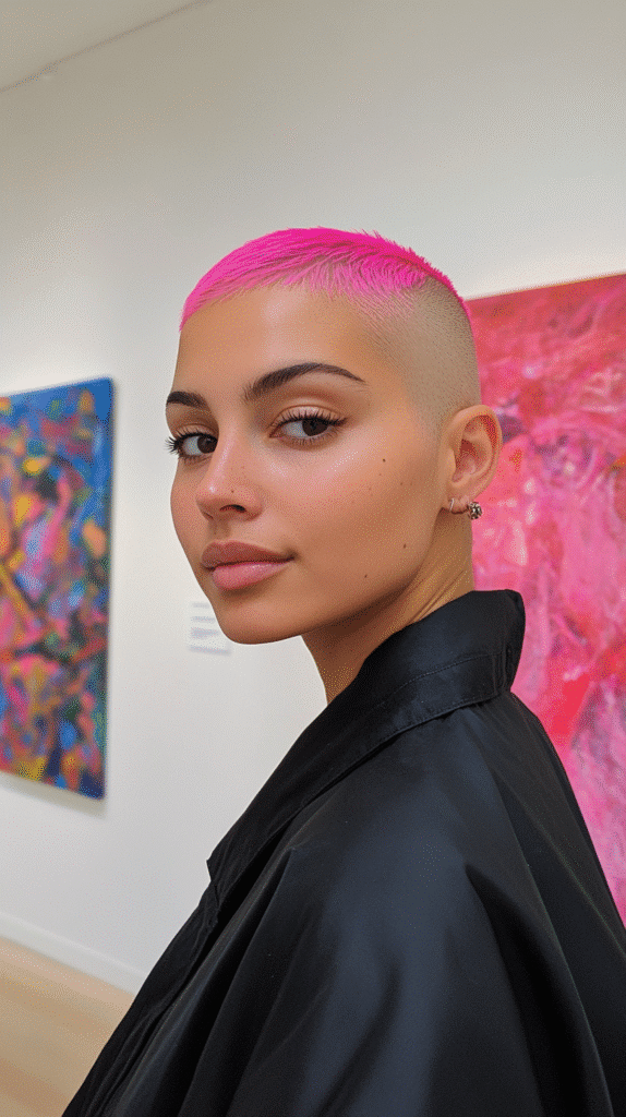 A 25-year-old woman with a buzz cut featuring neon pink tips, photographed in an art gallery setting.