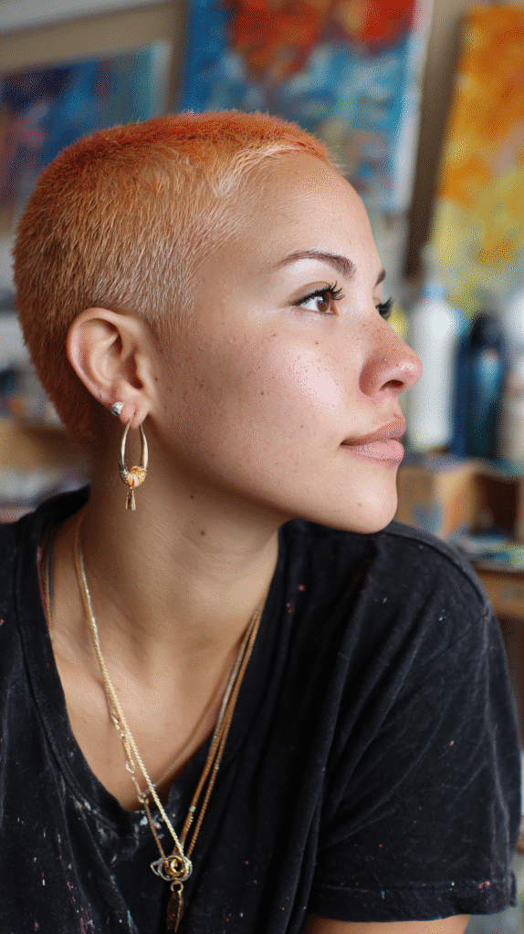 A 28-year-old woman with a peach-coral undercut, shown in an art studio with vibrant hair in focus.