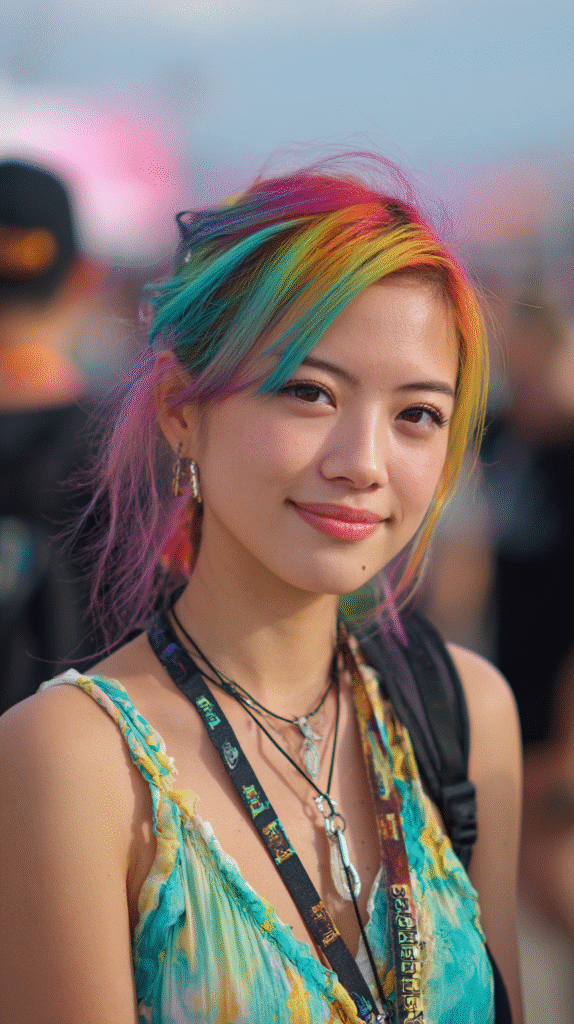 A 28-year-old woman with a rainbow-colored crop haircut, photographed at a music festival with vivid colors in sharp detail.