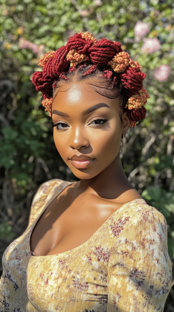 Red halo braid wrapped elegantly around the head in a garden setting.