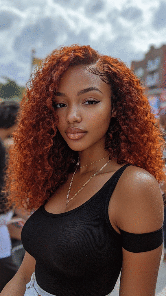 Long dreadlocks transitioning from dark roots to vibrant red ombre in front of mural.