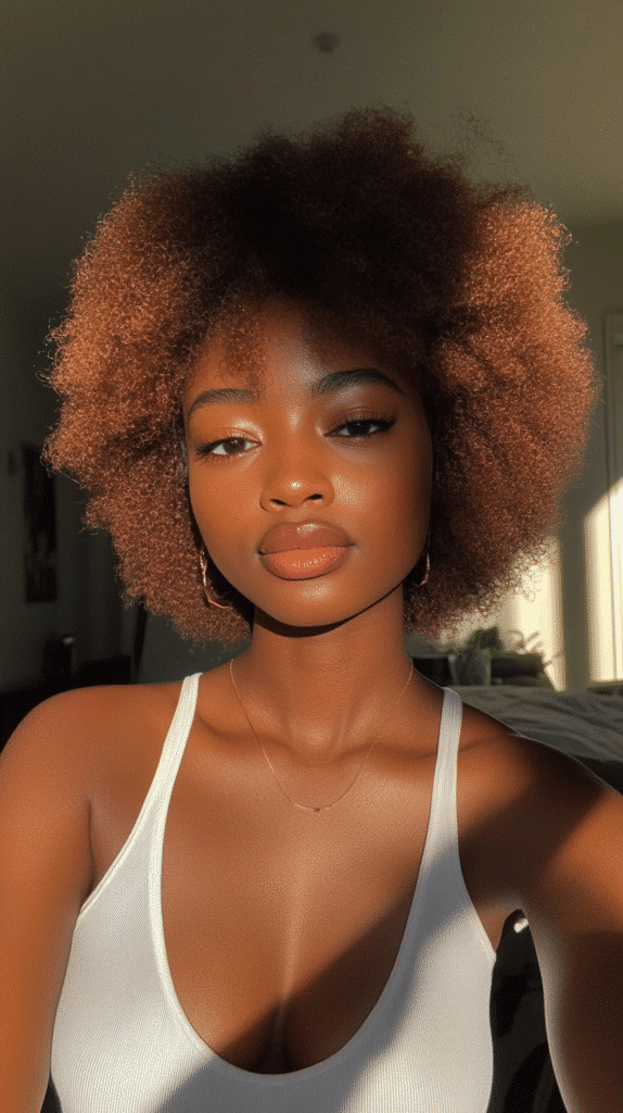 Short rose gold afro (TWA) with soft definition in a sunlit living room.