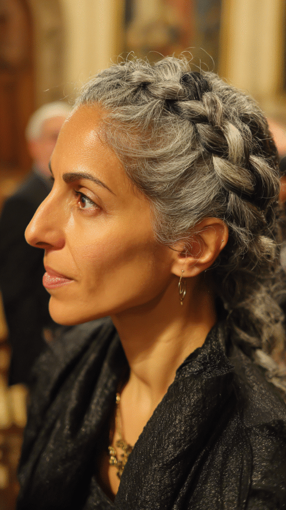 Medium-length layered hair with feathered ends in salt and pepper tones.