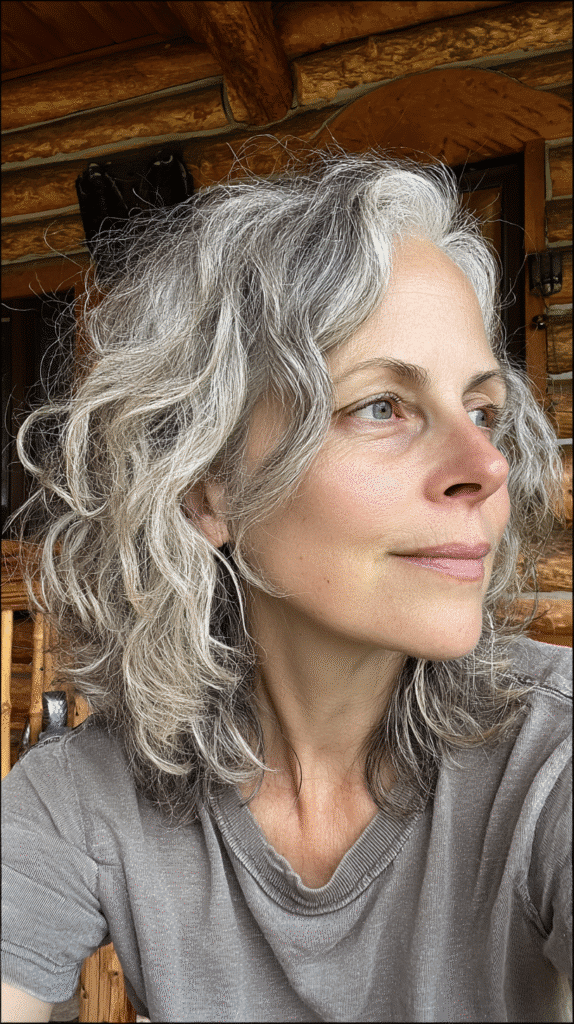 Soft curls with visible dark roots blending into gray strands.
