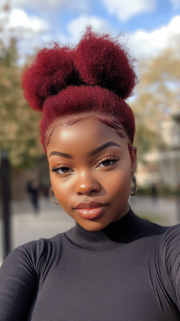 Scarlet red high puff with tightly coiled edges in a college campus scene.