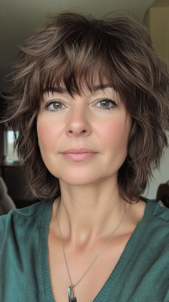 A 36-year-old woman with a short shaggy mullet and choppy bangs, shown in a retro-themed room with her hairstyle in focus.