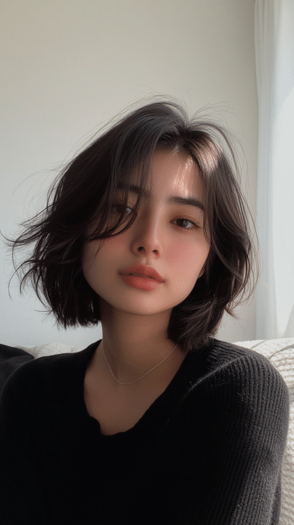 Short bob with soft layers and tousled movement.