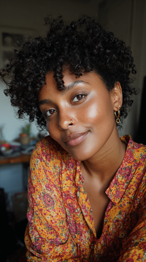 Short curly hairstyle with undone, textured spirals.

